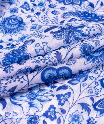 White Digital Floral Printed Chanderi Fabric
